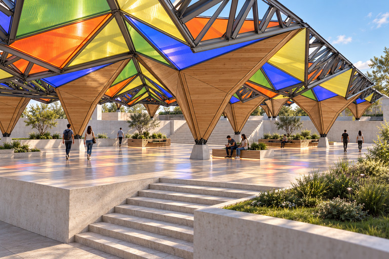 La Canopée : structure légère à couverture colorée dans une cour universitaire