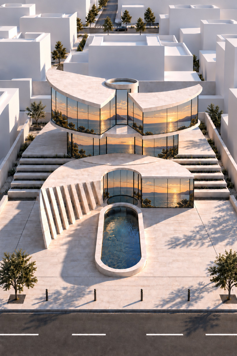 La Rotonda : maison circulaire aux volumes blancs et piscine