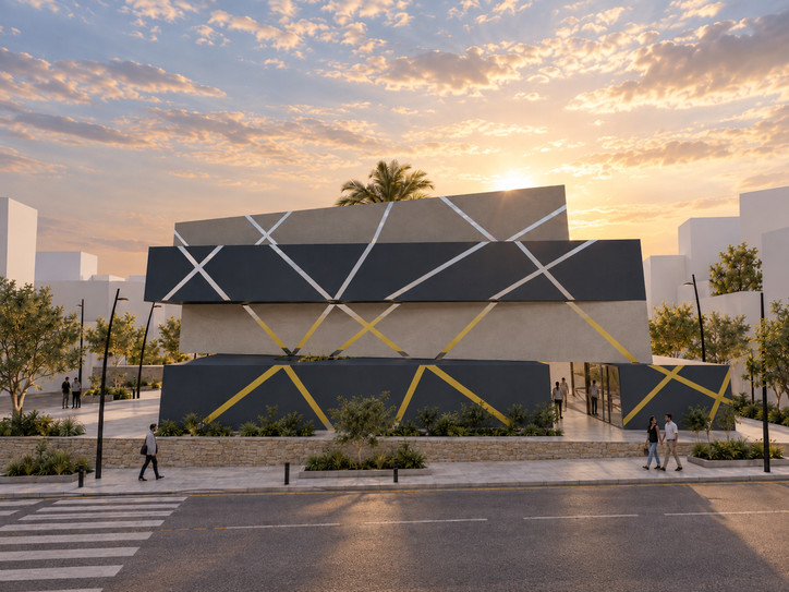 Rendu architectural de Souq El Ketan, façade géométrique dans la lumière du soir